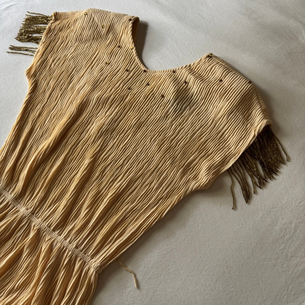 Vintage Plisse Pleated Midi Dress Size M Rhinestone Beaded Fringe USA 40s Glam